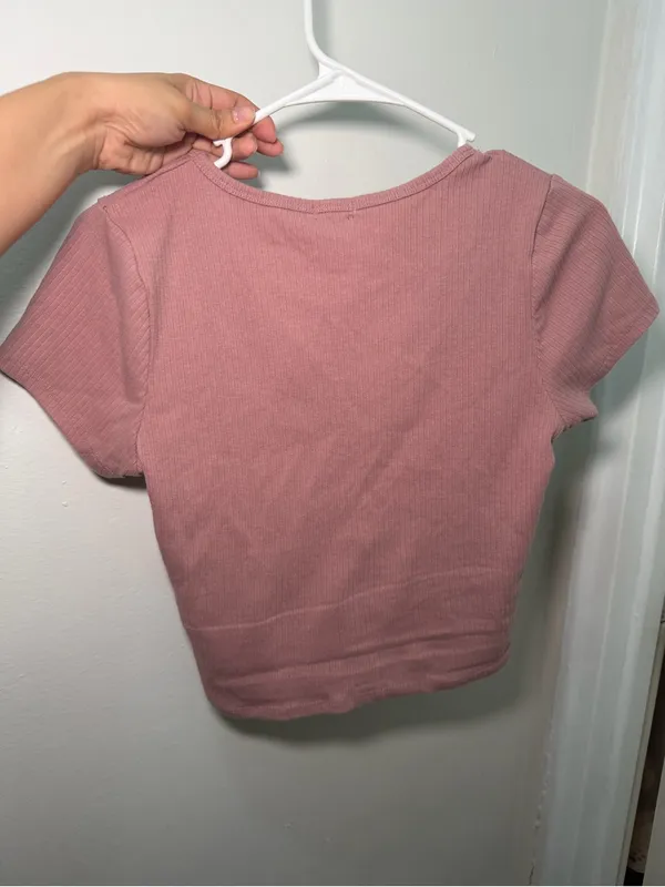 Bozzolo Women’s Large Dusty Rose Ribbed Crop Top V-Neck Stretch Short Sleeve - Image 2