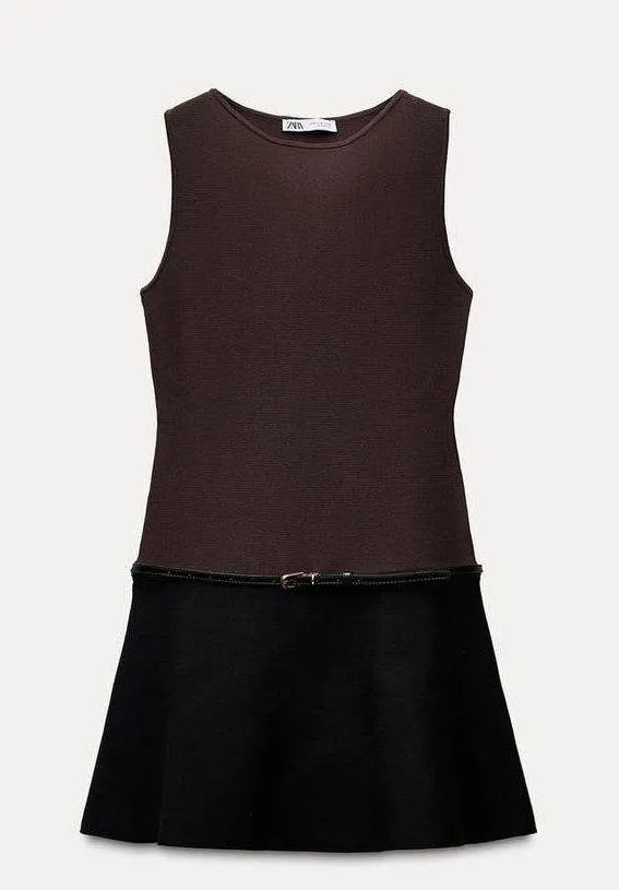 Zara NWT 2025 collection BLACK/BROWN sleeveless BELTED KNIT MINI DRESS S - Image 2