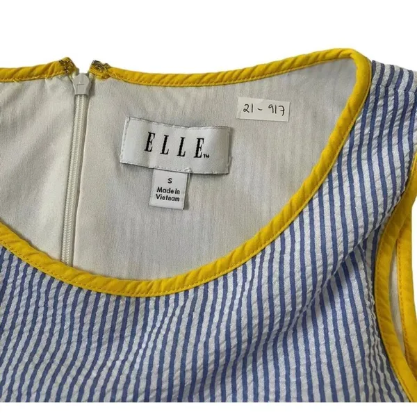 Elle Women Size Small Fit & Flare Seersucker Dress Blue Yellow Pleated | 21-917 - Image 5