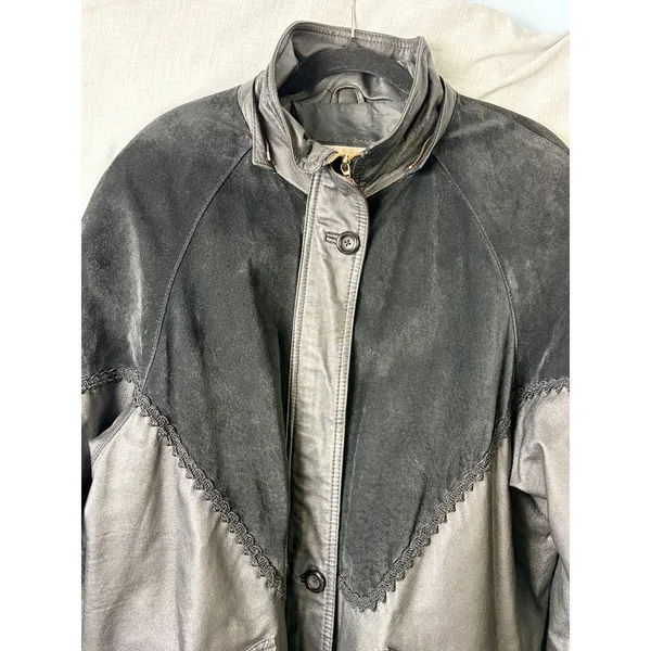 Vintage Comint‎ Mixed Leather Suede Coat 1X Oversized Drawstring Black - Image 8