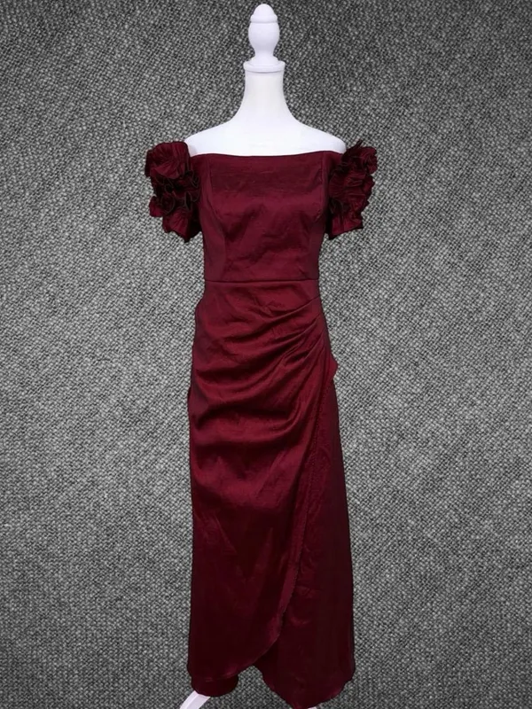 Xscape Burgundy Off Shoulder Ruffle Sleeve Ruched Formal Gown Size 10P - Image 2