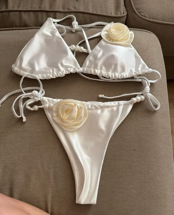 Pearl White 3D Floral Bikini Set - Image 2