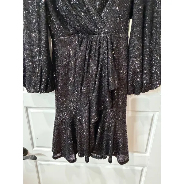 Eliza J Black Sequin Long‎ Sleeve Mini Wrap Dress Size 4 Glam Party Holiday - Image 4