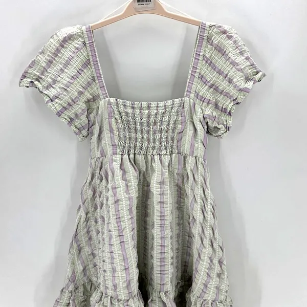 Ganni stripe seersucker green purple babydoll dress sz 38/6 above knee nautical - Image 3