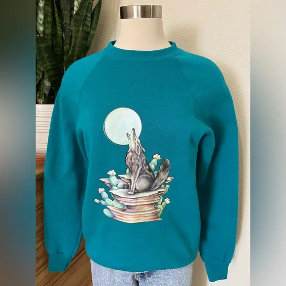 Vintage Howling Coyote Graphic Sweatshirt USA‎ Made Teal Medium - Image 7