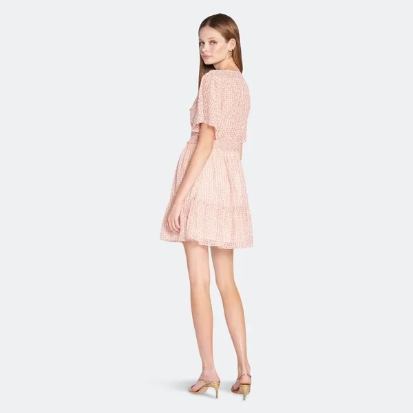 En Saison Caldera Gingham V Neck Tiered Mini Dress Coral Pink Small NWT - Image 4