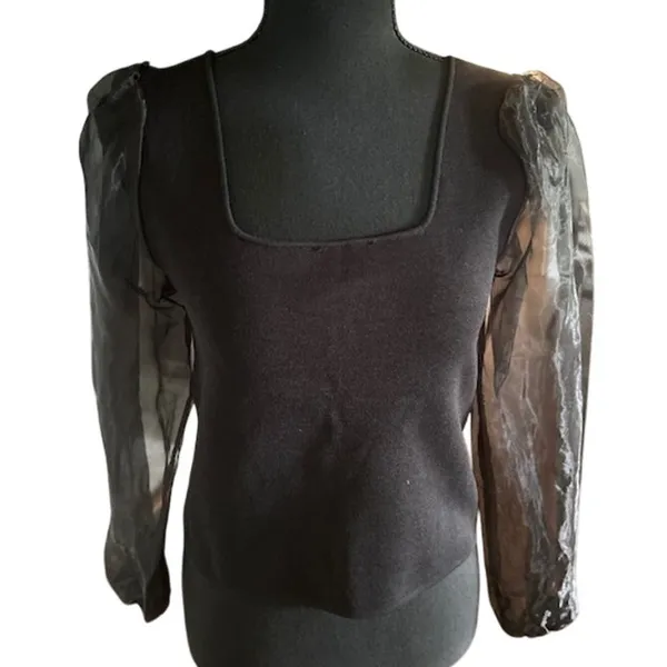 House of Harlow 1960 Black Sheer Sleeve Top Square Neck Knit M - Image 3