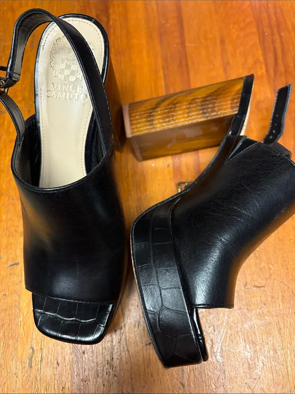 Vince Camuto Black Leather Slingback Block Heels with Croc-Textured Toe - Image 2