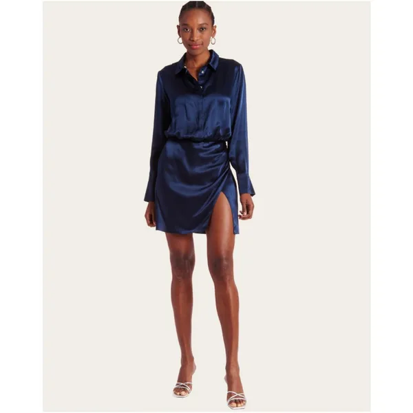 Amanda Uprichard Silk Shirt Dress Navy Blue Button Front Minimalist Women Small - Image 2
