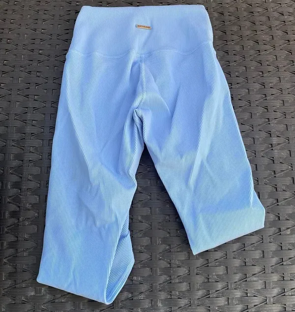Light Blue Ribbed High Waisted Activewear Leggings - Image 2