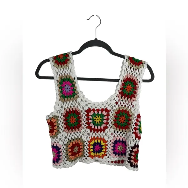 Crochet Granny Square Crop Top Boho Festival Knit Vest Multicolor Size Small‎ - Image 2