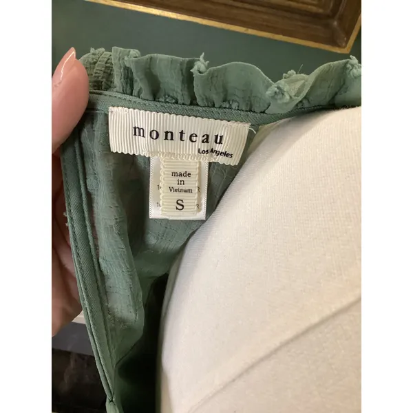 Monteau Los Angeles Sage Green Swiss Dot Ruffle Tiered Midi Dress Small - Image 5