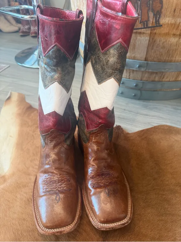 $299 Macie Bean Red White & Brown Leather Western Square Toe Cowgirl Boots 9.5 - Image 4
