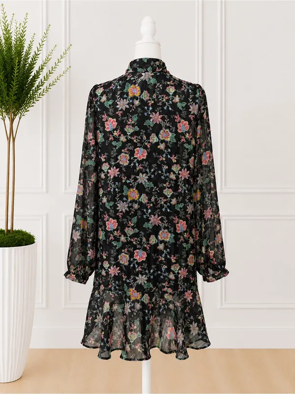 Banana Republic Black Floral Sheer Tie-Neck Ruffle Hem Dress Women’s M Romantic - Image 5