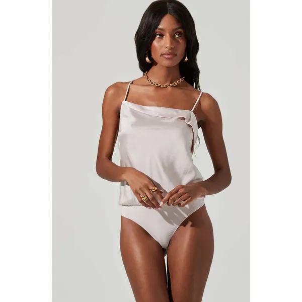 ASTR The Label The Drape Pink Silk Satin Spaghetti Strap Sleeveless Bodysuit Top - Image 5