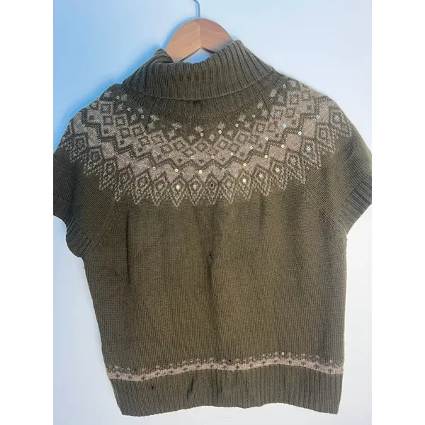 Jones New York Merino Wool Fair Isle Sequin Turtleneck Short Sleeve Sweater L - Image 4