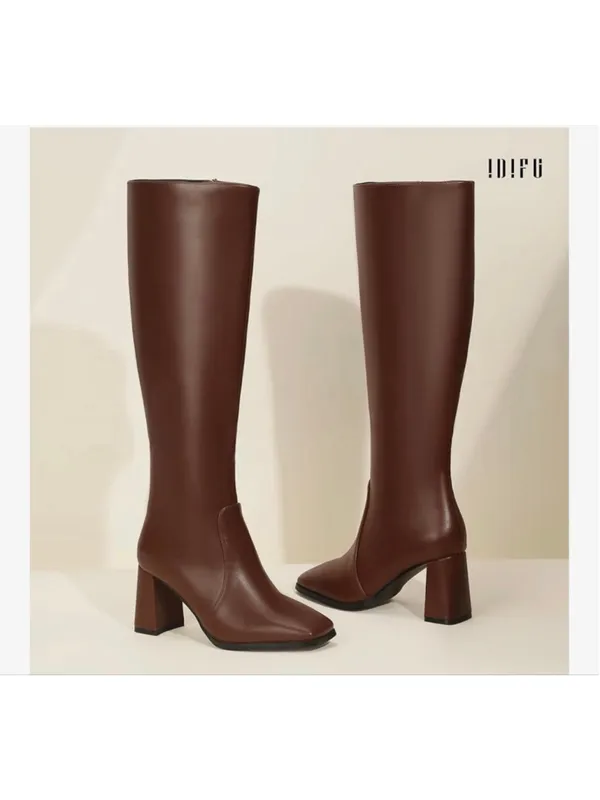 NEW Brown Vegan Leather Knee High Boots Square Toe Chunky 3” Heel Tall 10 - Image 9