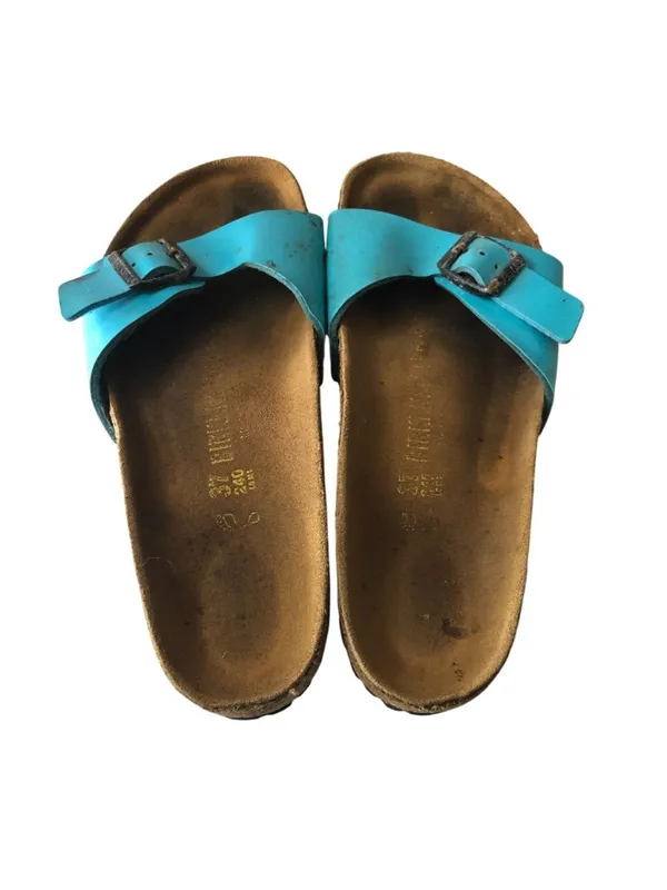 Birkenstock Madrid Slide Sandals Glossy Patent Birko-Flor Turquoise Blue 37 US 6 - Image 6