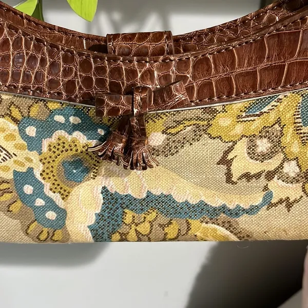 Liz Claiborne Purse Small Alligator Look Strap Floral Brown Gold Shoulder Bag - Image 3
