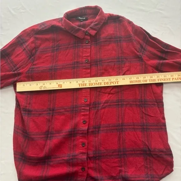 Madewell Red Plaid Flannel Button Down Shirt Cotton Long‎ Sleeve Size L - Image 3