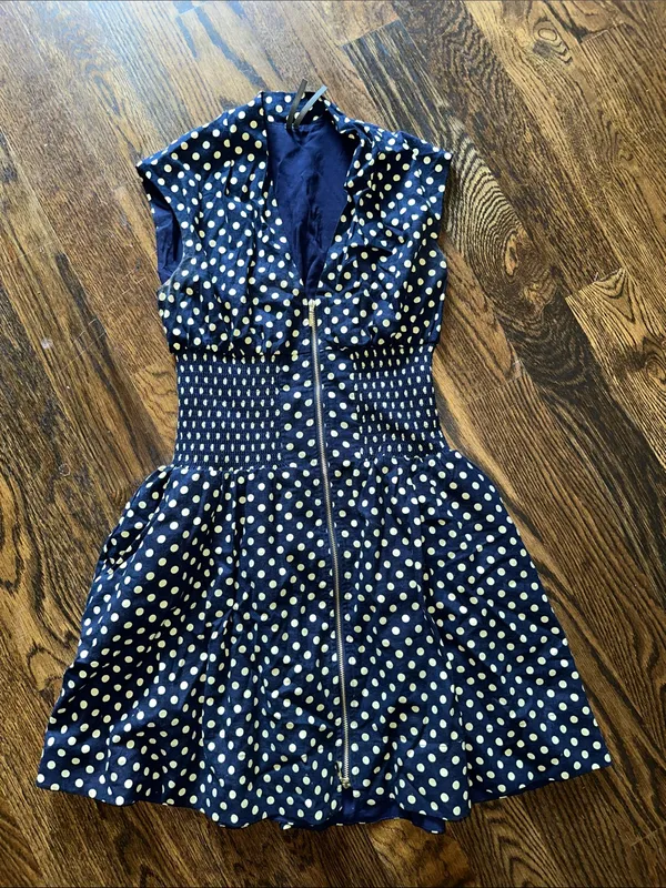 Anthropologie Tommie Cap sleeve Navy and Yellow Polka Dot Zip-Front Mini Dress - Image 5
