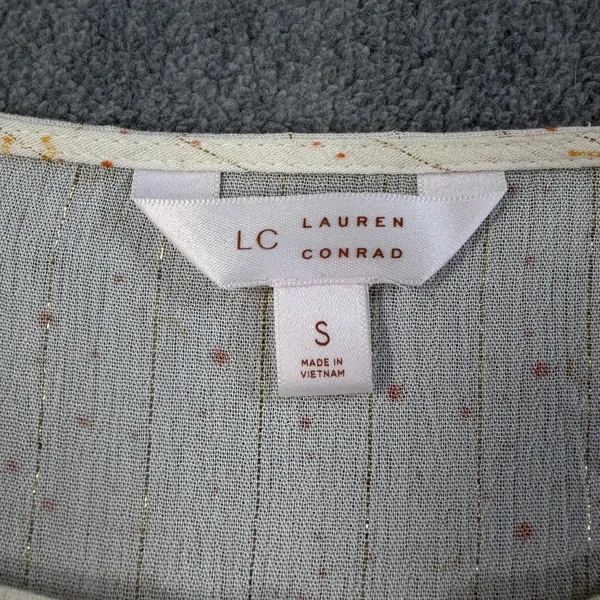 Lauren Conrad LC Size Small Cream Moon Star Pintuck Tie Neck Blouse Top Ruffle - Image 4