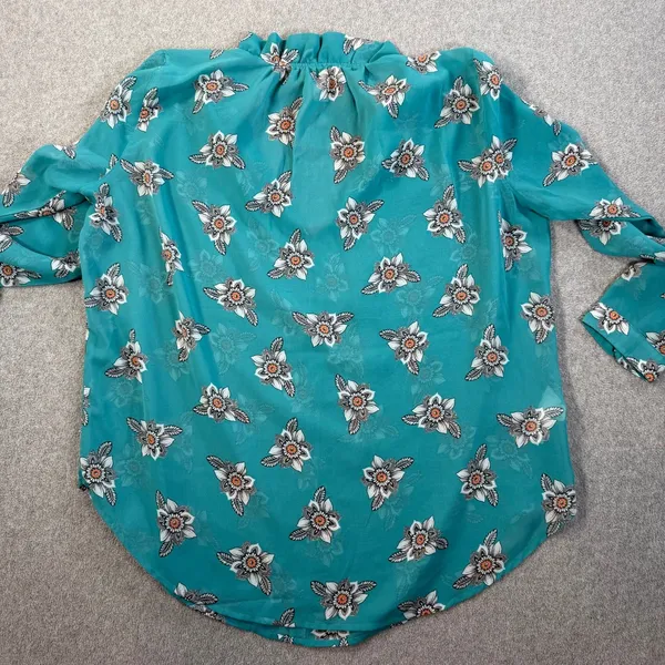 LOFT Outlet Women's Medium Sheer Teal Floral Ruffle Tie Neck Blouse Top - Image 9