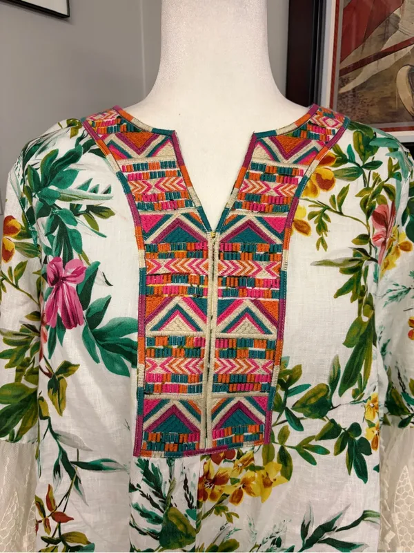 John Mark Womens L Top Linen Lace Floral Embroidered Tunic Multicolor Boho - Image 2