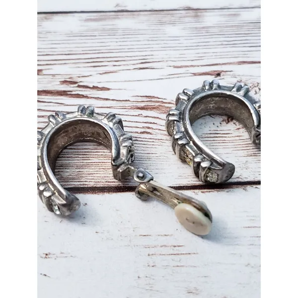 Vintage Clip On Earrings - Elongated Thick Hoops with Gems - Tarnished - Image 5