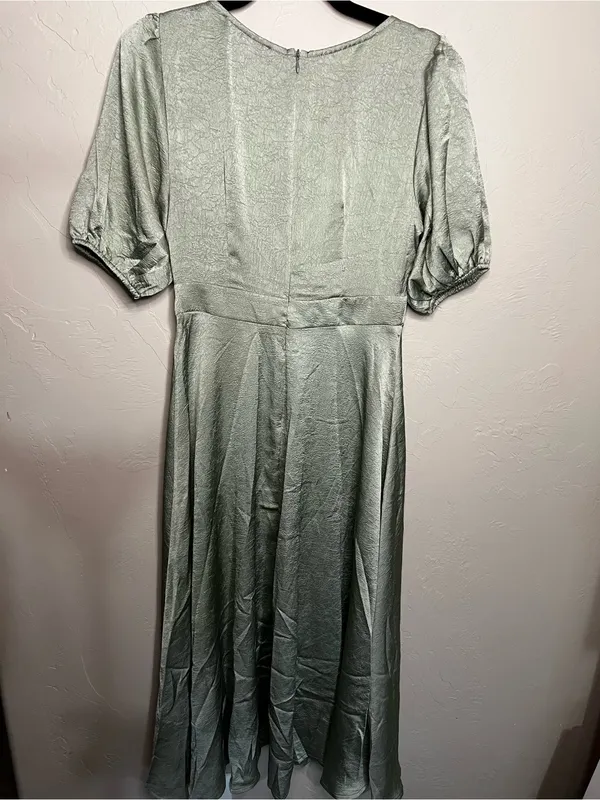 Petal & Pup Piper Sage Green Shiny Tie Front Button Front Midi Dress - Image 10