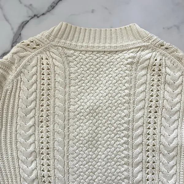 J. Crew Aran Cable Knit V-Neck Sweater Cream XS Tennis Prep Scandi Chic Preppy - Image 8