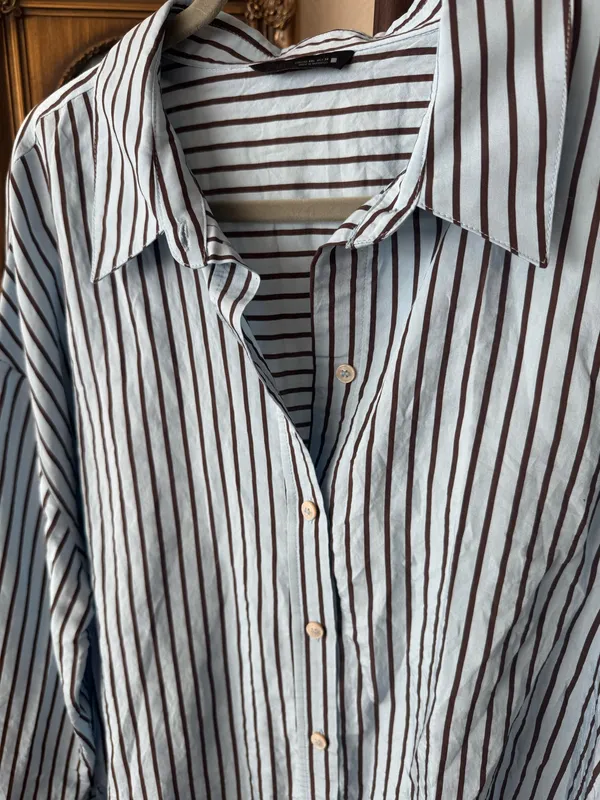 Zara Blue and Brown Striped Button Up - Image 2