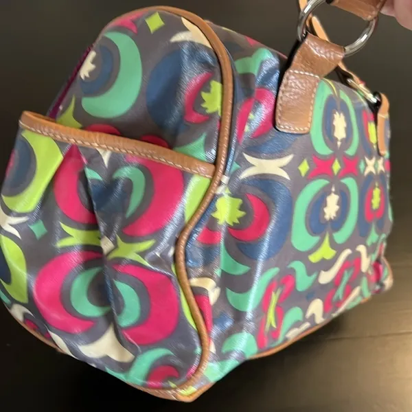 Lily Bloom Multicolor Satchel Handbag‎ Geometric Floral Coated Canvas Brown Trim - Image 5