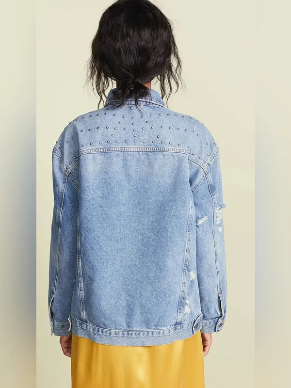 Free People Studded Denim Trucker Jacket $148 MSRP - Image 3