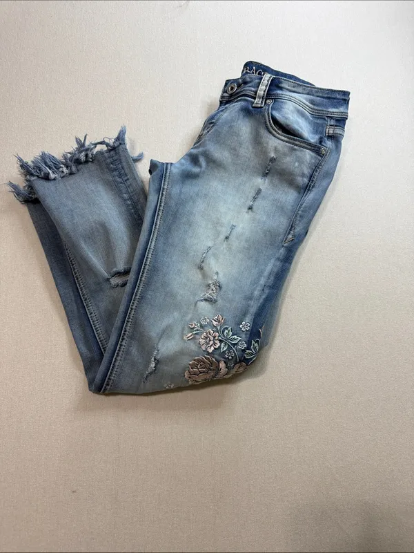 Grace Light Blue Cropped Embroidered Frayed Hem Jeans - Image 8