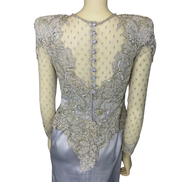 1990s Vintage Ice Blue Beaded Formal Gown Sheer Lace Bodice Custom S-M - Image 5