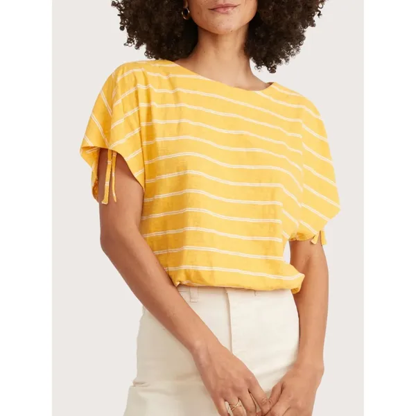 Marine Layer Womens Yellow White Striped Cotton Cinched Sleeve Blouse Top M - Image 2