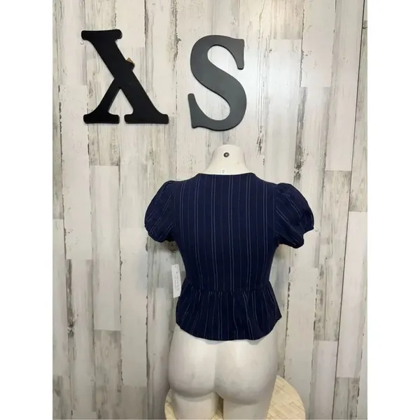 Kirious Los Angeles XS Navy Blue Pinstripe Tie-Front Peplum Top Puff Sleeve - Image 7
