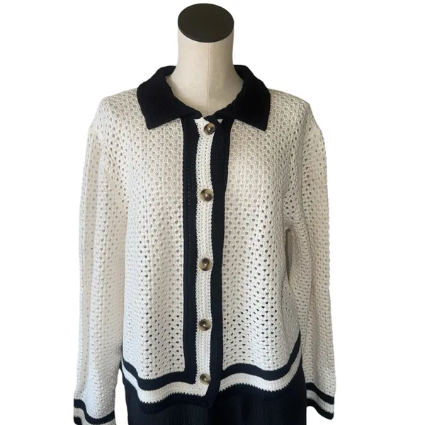 NWT Ann Taylor Factory Black and White Open Knit Cardigan White Black XL - Image 3