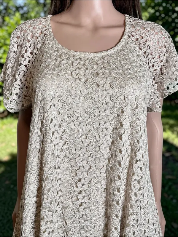DressBarn Crochet Lace Tunic Top Large Beige Boho Swing Handkerchief Hem - Image 3