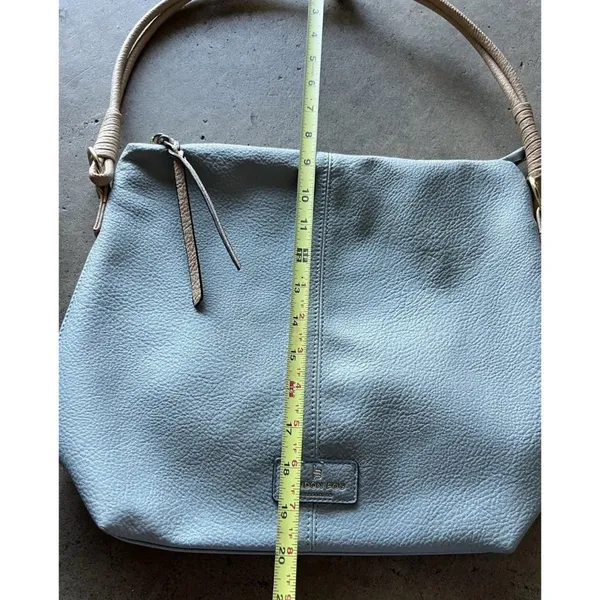 London Fog Travel Bag Houndstooth Brwn Barrel Duffle Leather Light Blue Bag - Image 4