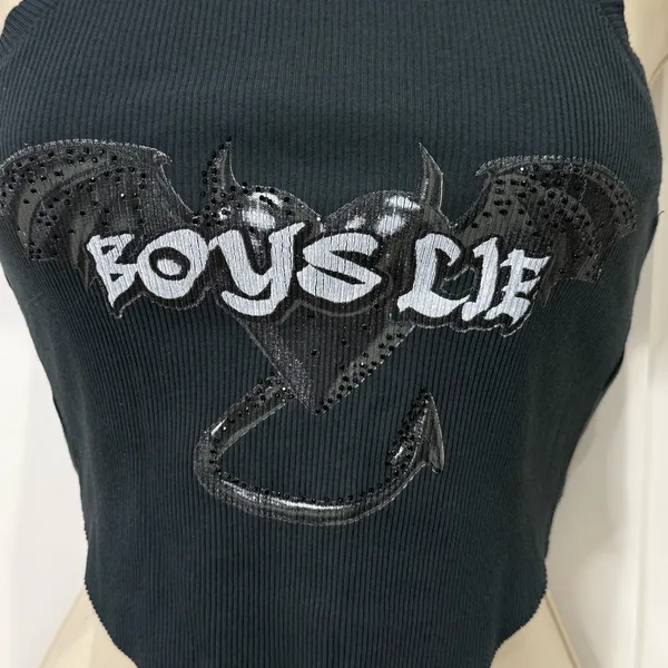 Boys Lie Tank Top One Size Black Bat Ribbed Crop Studded Gothic Y2K Streetwear - Image 7