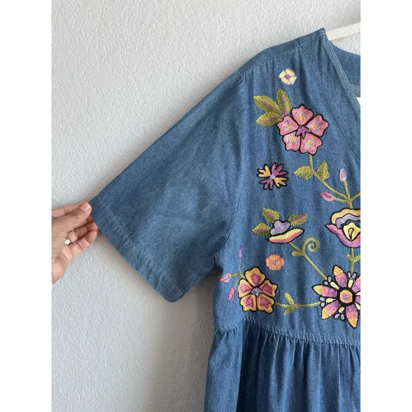 Vintage Embroidered Denim Dress Bechamel Button Front Cottagecore Grandma Core L - Image 6