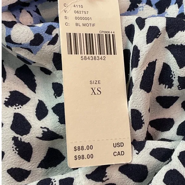 Maeve by Anthropologie Wrap Blouse Blue White Black Print‎ Smocked Waist XS - Image 8