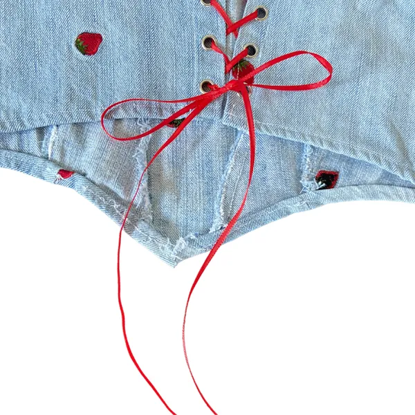 Reworked Strawberry Embroidery Denim Corset Tank Top 🔥 - Image 3