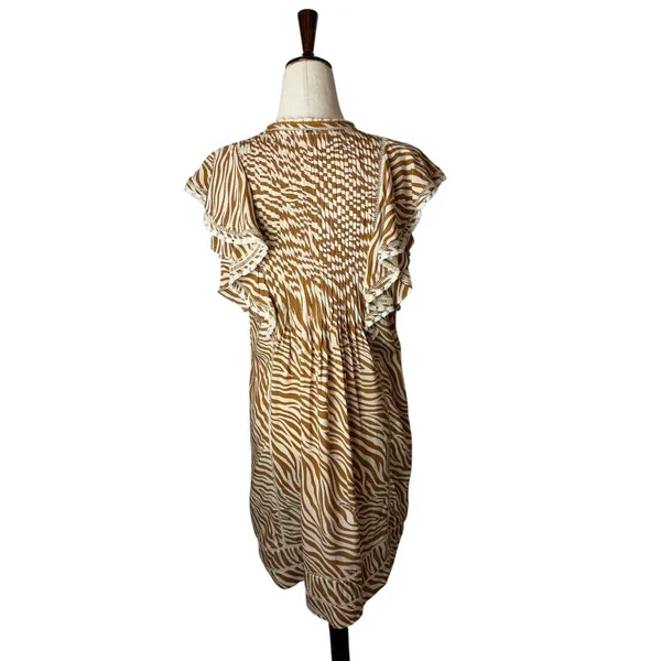 Poupette St Barth Camelia Mini Dress Women‎ Ivory Tan Zebra Ruffle V Neck Boho - Image 3