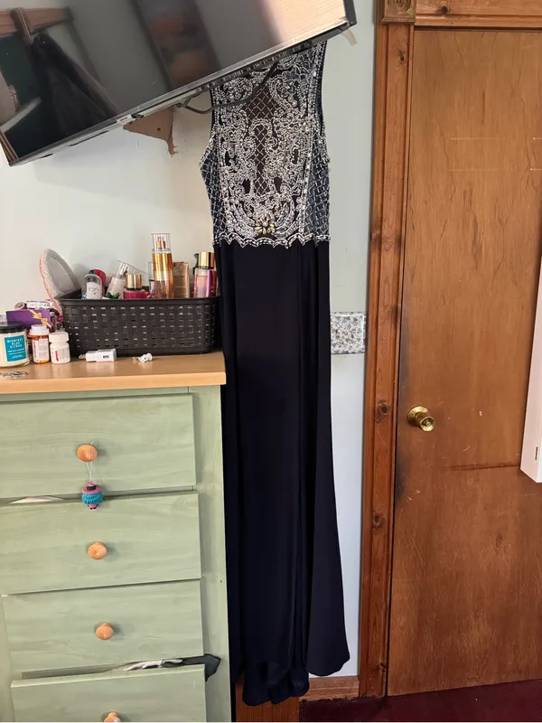 Dave & Johnny Navy and Silver Beaded Prom Gown - Image 2