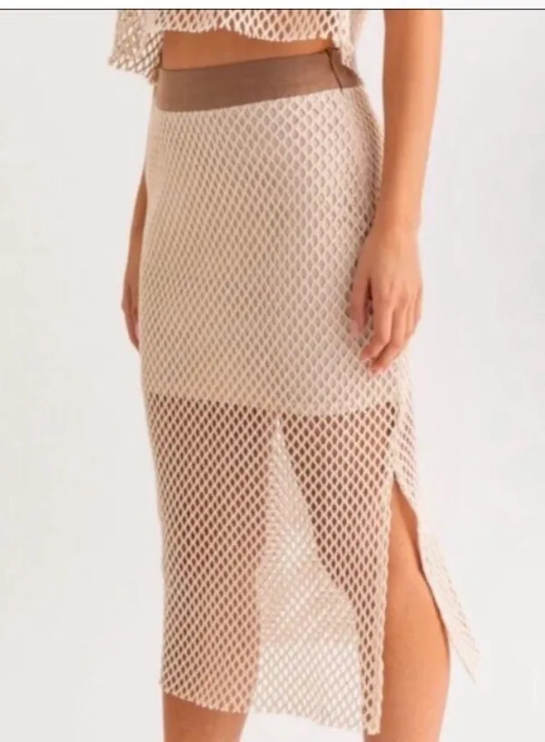 HUNTER & BROWN Leann Crochet Mesh Skirt & Crop Top Set Chic Beige SIZE XS NWT - Image 4
