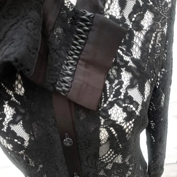Whimsigoth Lace Button Down Shirt Sm Black Sheer Floral Sleeve Vampy Dark Witchy - Image 4
