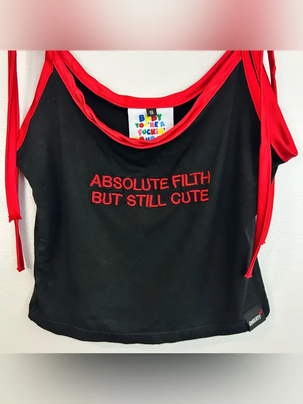 Omighty Absolute Filth But Still Cute Black Red Y2K Cropped Tank Size Small - Image 2